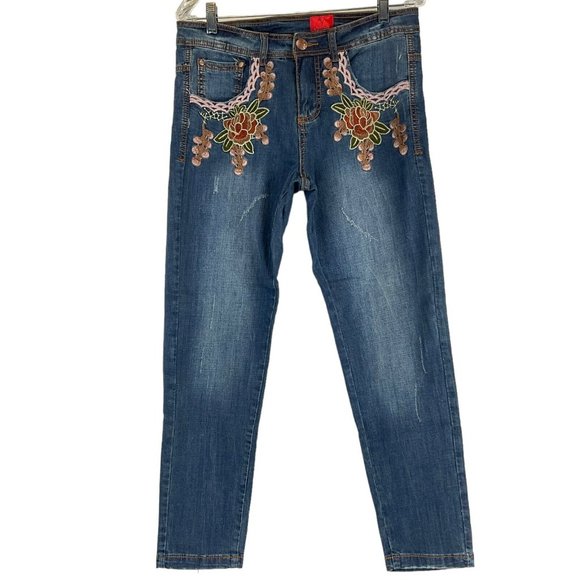 V Christina Denim - V Christina Jeans Women's 8 Blue Embroidered Mid Rise Skinny Stretch $156 Nwot